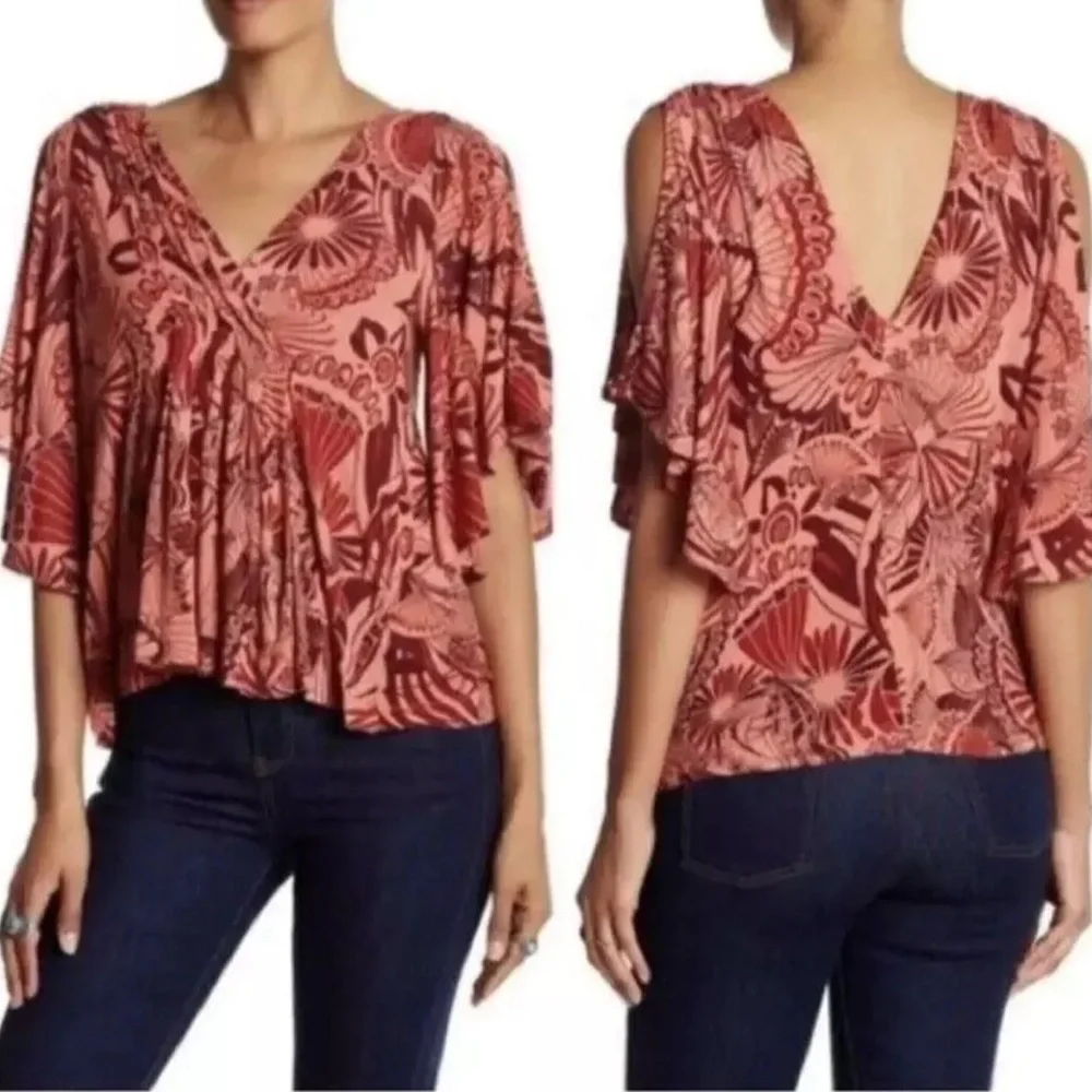 Free People Amour Split Sleeve Top Butterfly Floral Flowy Boho V-Neck Size Small